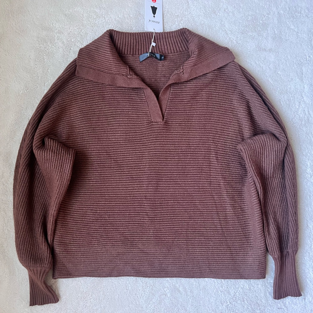 NWT Zesika Lapel Collar V Neck Long Sleeve Ribbed Sweater Women Size Large